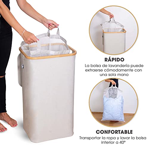 Cesta de ropa sucia con tapa plegable con bolsas ropa extraíble 100 l beige - Cesto Colada ropa sucia estrecho grande bambu - Canasto Cestos para la ropa sucia - Cesta para la colada laundry basket