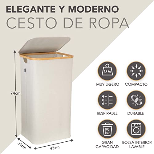 Cesta de ropa sucia con tapa plegable con bolsas ropa extraíble 100 l beige - Cesto Colada ropa sucia estrecho grande bambu - Canasto Cestos para la ropa sucia - Cesta para la colada laundry basket