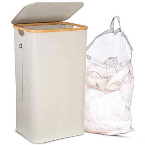 Cesta de ropa sucia con tapa plegable con bolsas ropa extraíble 100 l beige - Cesto Colada ropa sucia estrecho grande bambu - Canasto Cestos para la ropa sucia - Cesta para la colada laundry basket