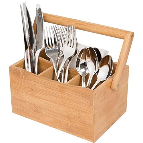 Cesto de 4 compartimentos con mango desplegable para utensilios de cocina y cubiertos, soporte organizador de bambú, de WoodLuv