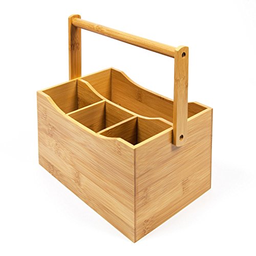 Cesto de 4 compartimentos con mango desplegable para utensilios de cocina y cubiertos, soporte organizador de bambú, de WoodLuv