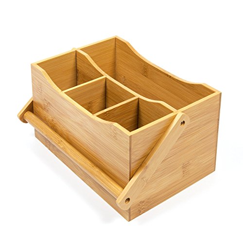 Cesto de 4 compartimentos con mango desplegable para utensilios de cocina y cubiertos, soporte organizador de bambú, de WoodLuv