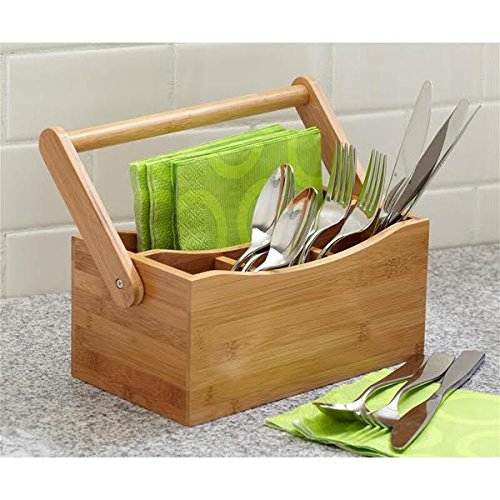 Cesto de 4 compartimentos con mango desplegable para utensilios de cocina y cubiertos, soporte organizador de bambú, de WoodLuv