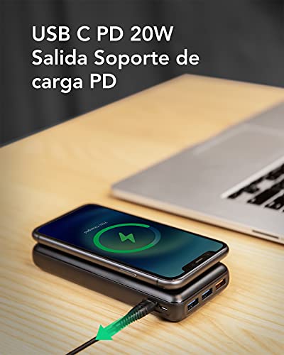 Charmast Batería Externa Inalámbrica 20000mAh Power Bank Wireless 22.5w Cargador Carga Rápida 20W PD 3.0 USB C 2 Entradas y 4 Salidas Compatible con iPhone 13/12/11/X/XS/XR Samsung Más