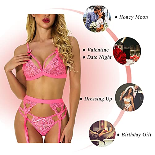 CheChury Sexy Conjunto de Lencería Encaje Floral para Mujer con Ligueros Lace Teddy Babydoll Ropa de Dormir Traje Medias Altas al Muslo Liguero de Encaje Sexy Mujer Traje de Cuatro Piezas