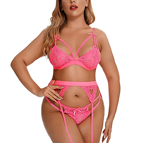 CheChury Sexy Conjunto de Lencería Encaje Floral para Mujer con Ligueros Lace Teddy Babydoll Ropa de Dormir Traje Medias Altas al Muslo Liguero de Encaje Sexy Mujer Traje de Cuatro Piezas