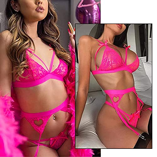 CheChury Sexy Conjunto de Lencería Encaje Floral para Mujer con Ligueros Lace Teddy Babydoll Ropa de Dormir Traje Medias Altas al Muslo Liguero de Encaje Sexy Mujer Traje de Cuatro Piezas