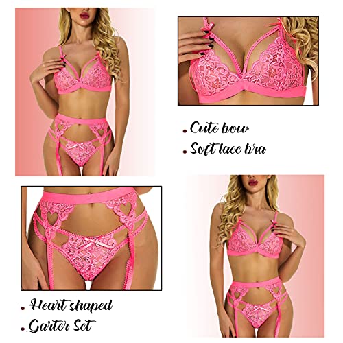 CheChury Sexy Conjunto de Lencería Encaje Floral para Mujer con Ligueros Lace Teddy Babydoll Ropa de Dormir Traje Medias Altas al Muslo Liguero de Encaje Sexy Mujer Traje de Cuatro Piezas