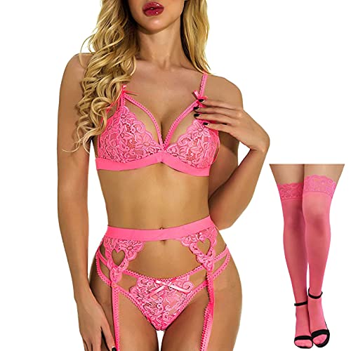 CheChury Sexy Conjunto de Lencería Encaje Floral para Mujer con Ligueros Lace Teddy Babydoll Ropa de Dormir Traje Medias Altas al Muslo Liguero de Encaje Sexy Mujer Traje de Cuatro Piezas