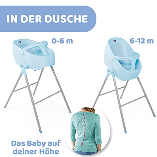 Chicco Bubble Nest, Bañera Bebé Recién Nacido Evolutiva hasta 12 Meses, con Patas para Ducha y Asiento Independiente para Bañera, 2 Configuraciones, Cierre Compacto, Máximo 11 Kg - Azul (Ocean)