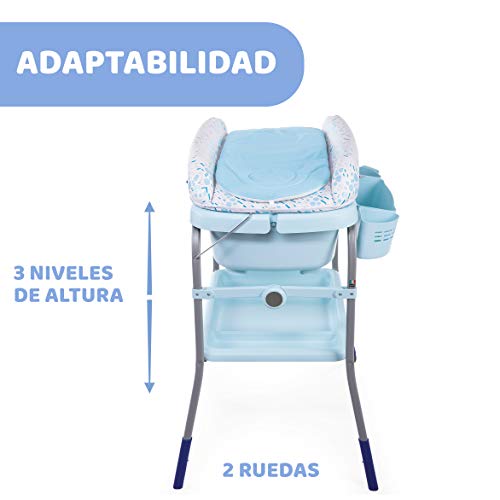 Chicco Cuddle & Bubble Bañera Bebé Ergonómica con Patas y Cambiador con Acolchado y Suave Reductor, Altura Regulable, Cierre Compacto, Organizador, 2 Ruedas, Máx. 11 Kg - Color Azul (Ocean)