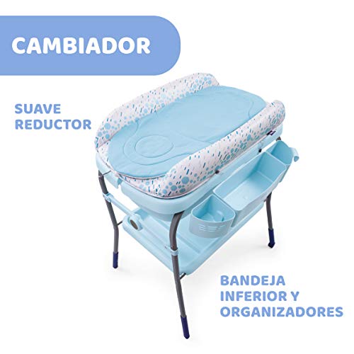 Chicco Cuddle & Bubble Bañera Bebé Ergonómica con Patas y Cambiador con Acolchado y Suave Reductor, Altura Regulable, Cierre Compacto, Organizador, 2 Ruedas, Máx. 11 Kg - Color Azul (Ocean)