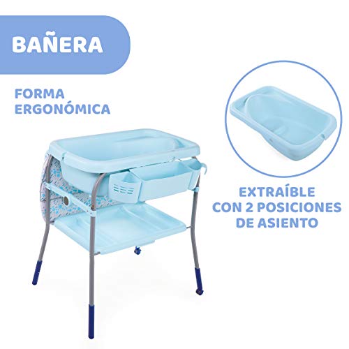 Chicco Cuddle & Bubble Bañera Bebé Ergonómica con Patas y Cambiador con Acolchado y Suave Reductor, Altura Regulable, Cierre Compacto, Organizador, 2 Ruedas, Máx. 11 Kg - Color Azul (Ocean)