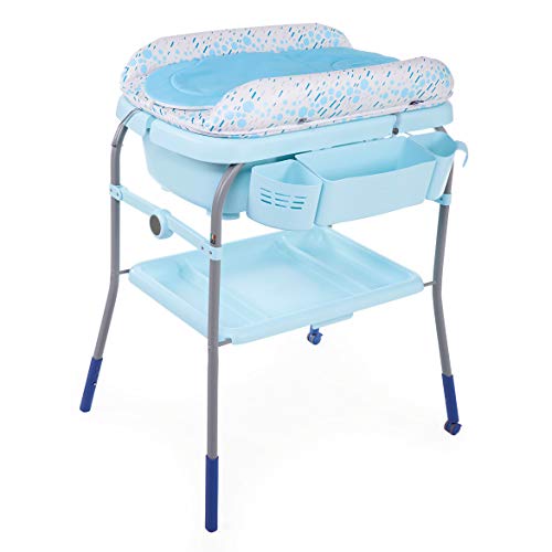 Chicco Cuddle & Bubble Bañera Bebé Ergonómica con Patas y Cambiador con Acolchado y Suave Reductor, Altura Regulable, Cierre Compacto, Organizador, 2 Ruedas, Máx. 11 Kg - Color Azul (Ocean)