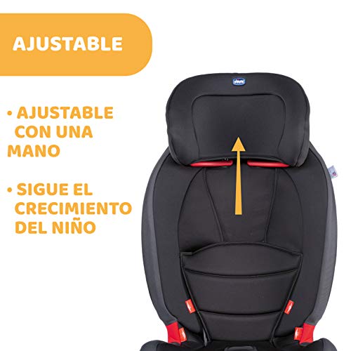 Chicco Gro-Up 123 Silla Coche Reclinable Bebé de 9-36 kg, Grupo 1/2/3 para Niños de 9 Meses a 12 Años, Fácil Instalar, Reposacabezas Ajustables, Relleno para Bebés, Acolchado Suave - Negra (Jet Black)