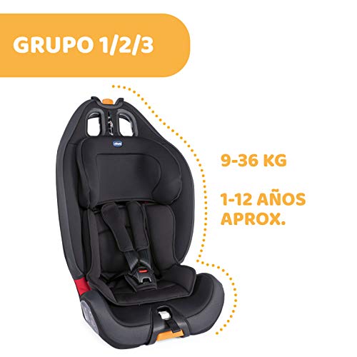 Chicco Gro-Up 123 Silla Coche Reclinable Bebé de 9-36 kg, Grupo 1/2/3 para Niños de 9 Meses a 12 Años, Fácil Instalar, Reposacabezas Ajustables, Relleno para Bebés, Acolchado Suave - Negra (Jet Black)