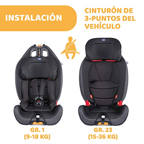 Chicco Gro-Up 123 Silla Coche Reclinable Bebé de 9-36 kg, Grupo 1/2/3 para Niños de 9 Meses a 12 Años, Fácil Instalar, Reposacabezas Ajustables, Relleno para Bebés, Acolchado Suave - Negra (Jet Black)