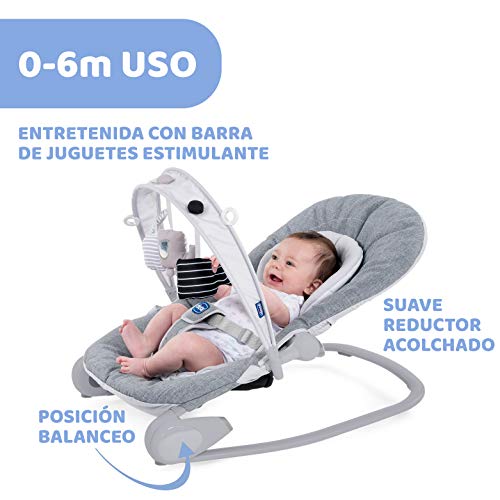 Chicco Hooplà Hamaca para Bebé de 0 Meses a 18 kg, Balancín y Silla de Bebés y Niños con Arco de Juegos, Respaldo Ajustable y Cojín Reductor, Compacta - Color Gris Vaquero (Titanium)