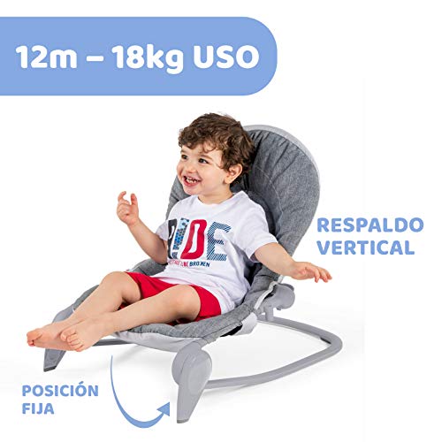 Chicco Hooplà Hamaca para Bebé de 0 Meses a 18 kg, Balancín y Silla de Bebés y Niños con Arco de Juegos, Respaldo Ajustable y Cojín Reductor, Compacta - Color Gris Vaquero (Titanium)