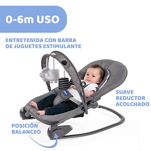 Chicco Hooplà Hamaca para Bebé de 0 Meses a 18 kg, Balancín y Silla de Bebés y Niños con Arco de Juegos, Respaldo Ajustable y Cojín Reductor, Compacta - Color Gris (Moon Grey)