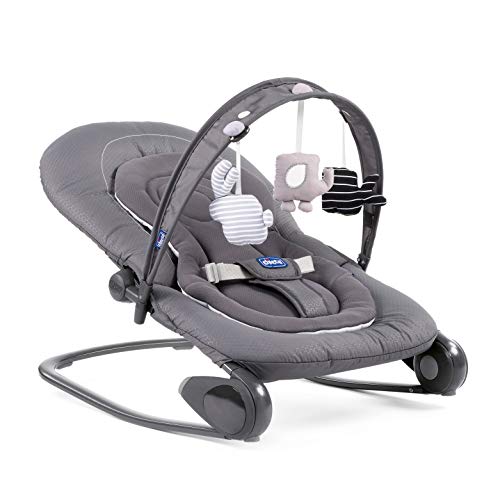 Chicco Hooplà Hamaca para Bebé de 0 Meses a 18 kg, Balancín y Silla de Bebés y Niños con Arco de Juegos, Respaldo Ajustable y Cojín Reductor, Compacta - Color Gris (Moon Grey)