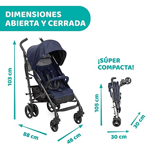 Chicco Liteway 3 Silla Paseo Ligera y Plegable desde 0 Meses hasta 22 Kg, Carrito de Bebé Compacto y Reclinable, Posición para Dormir, Cierre Tipo Paraguas y Capota Convertible, Color Azul (India Ink)