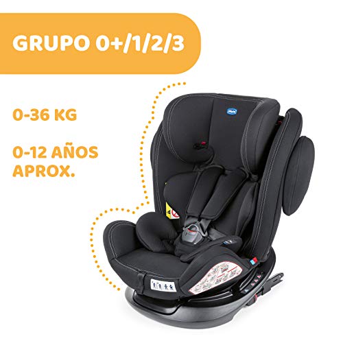 Chicco Unico Plus Silla de Coche ISOFIX Giratoria 360° y Reclinable Bebés de 0-36 kg, Grupo 0+/1/2/3, Niños de 0 a 12 Años, Fácil Instalar, Reposacabezas Ajustable, Reductor para Bebé, Negro (Black)