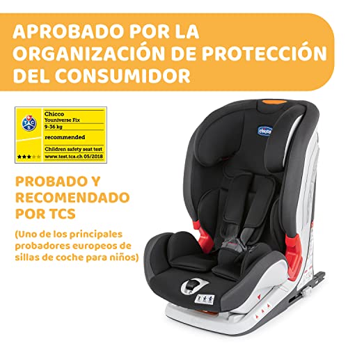 Chicco Youniverse Fix Silla de Coche Reclinable para Bebé 9-36 Kg con Isofix, Grupo 1/2/3 para Niños de 1 a 12 Años, Fácil de Instalar, Reposacabezas Ajustable - Negro (Jet Black)