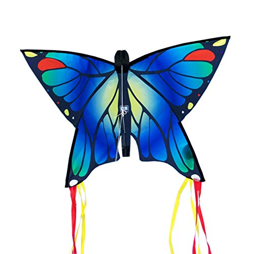 CIM Cometa de Mariposa - BUTTERFLY BLUE - Cometa de una sola línea para niños mayores de 3 años - 58 x 40 cm - incl. 20 m hilo de cometa - con tiras de 195 cm en la cola de arco