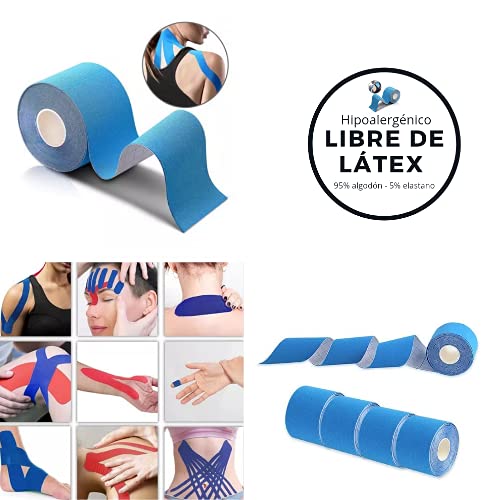 Cinta Kinesiologica - Kinesio Tape - Venda Neuromuscular Adhesiva - Alivio Dolor Muscular - Impermeable - Elástica - Vendaje Kinesiológico - Rollo 5x5 cm (Azul)