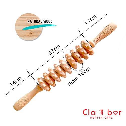 CLAIBOR HC Rodillo Anticelulítico de Madera Natural + Bolsa de Algodón | Masajeador Manual Maderoterapia para Masajes Corporal Gluteos Piernas Espalda Caderas | Anti Celulitis Off