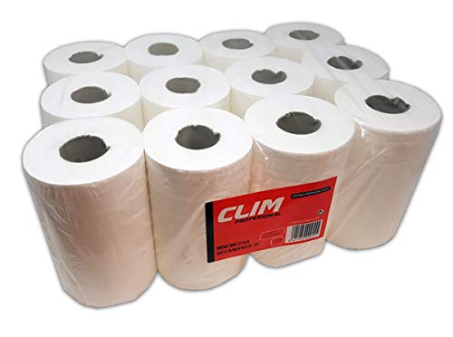 Clim Profesional. Pack de 12 rollos de papel secamanos MINI mecha Clim Profesional®. Papel extrablanco de 2 capas y precortado. Rollo de papel tamaño mini