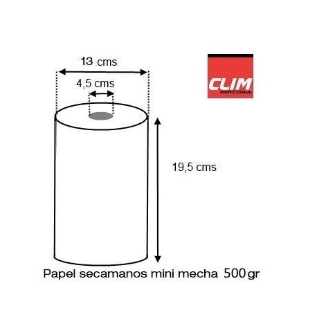 Clim Profesional. Pack de 12 rollos de papel secamanos MINI mecha Clim Profesional®. Papel extrablanco de 2 capas y precortado. Rollo de papel tamaño mini