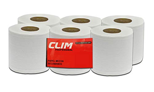 Clim Profesional. Pack de 6 rollos de papel secamanos tipo mecha 2 capas Clim Profesional®. Rollos de papel secamanos de 130 metros de papel extrablanco, suave y de doble capa laminado y precortado.