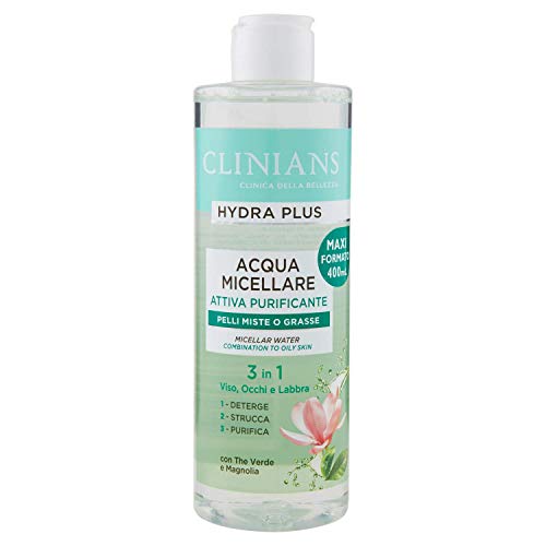 CLINIANS HYDRA PLUS agua purificadora micelar activa para pieles mixtas o grasas, con Té Verde y Magnolia, 400 mL