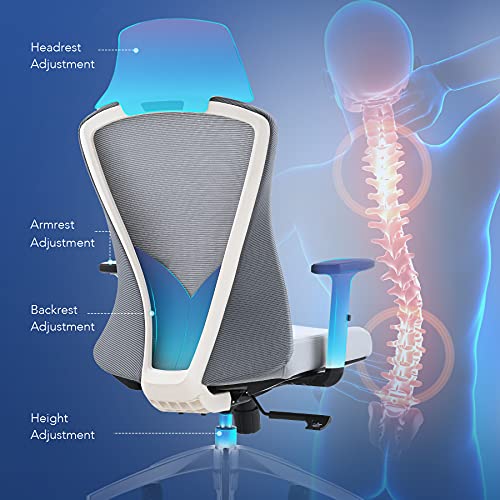 CO-Z Silla de Oficina Ergonómica con Brazos Ajustables y Respaldo de Malla Silla de Escritorio con Respaldo Alto y Reposacabezas Silla de Ruedas para Oredenador Capacidad 135KG (Gris)