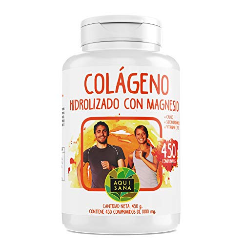 Colágeno con Magnesio 450 comprimidos | Colágeno Marino Hidrolizado+ Magnesio+ Calcio+ Vitamina C| Suplemento Articulaciones+ Piel+ Huesos| Aquisana