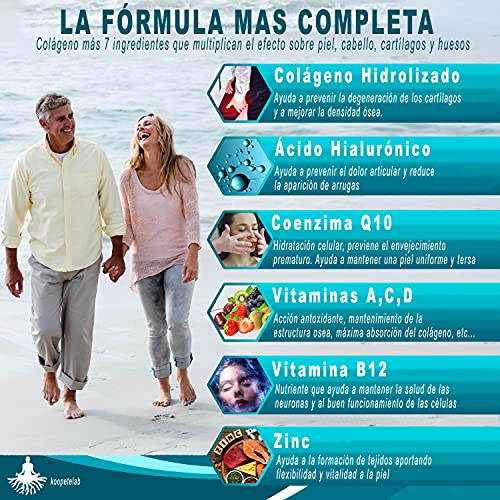 Colágeno hidrolizado con ácido hialurónico y coenzima Q10+vitamina C,A,D y B12+Zinc/Fórmula antiedad para una piel tersa y radiante/Ayuda a fortalecer las articulaciones, huesos y cabello/90 cápsulas