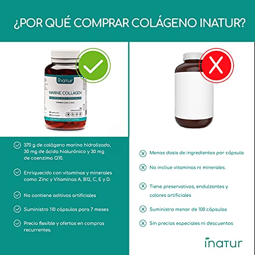 Colágeno Marino con Ácido Hialurónico + Co-Enzima Q10 – 110 cápsulas | Inatur | Vitaminas A B12 C D3 y E | Zinc | Suministro para 3 meses