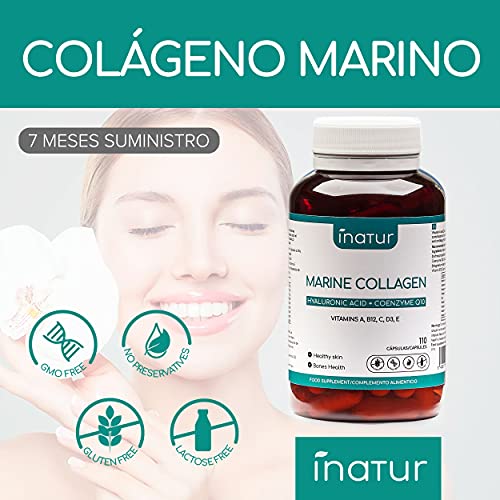 Colágeno Marino con Ácido Hialurónico + Co-Enzima Q10 – 110 cápsulas | Inatur | Vitaminas A B12 C D3 y E | Zinc | Suministro para 3 meses