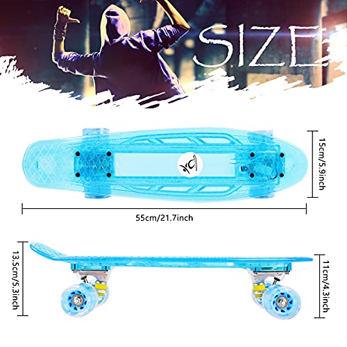 Colmanda Mini Cruiser Skateboard, 55cm/22inch Skateboard Tabla Coloreada Transparente, Completo Skateboard con cojinetes ABEC-7, Cruiser Retro Completo para Niñas Niños Adolescentes