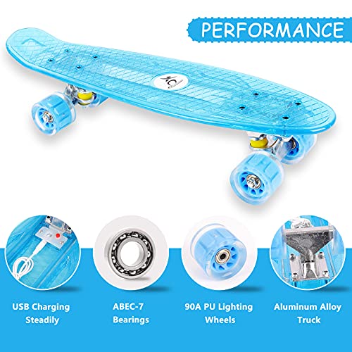 Colmanda Mini Cruiser Skateboard, 55cm/22inch Skateboard Tabla Coloreada Transparente, Completo Skateboard con cojinetes ABEC-7, Cruiser Retro Completo para Niñas Niños Adolescentes