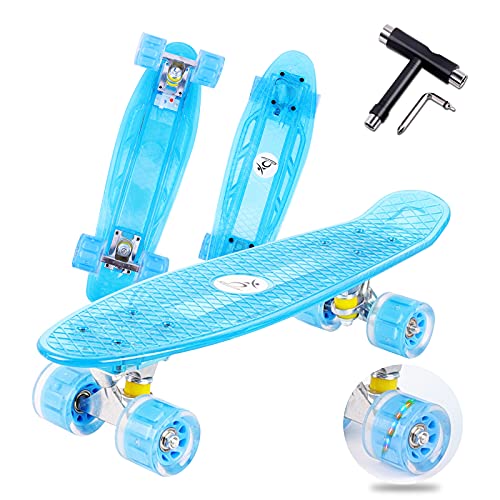 Colmanda Mini Cruiser Skateboard, 55cm/22inch Skateboard Tabla Coloreada Transparente, Completo Skateboard con cojinetes ABEC-7, Cruiser Retro Completo para Niñas Niños Adolescentes