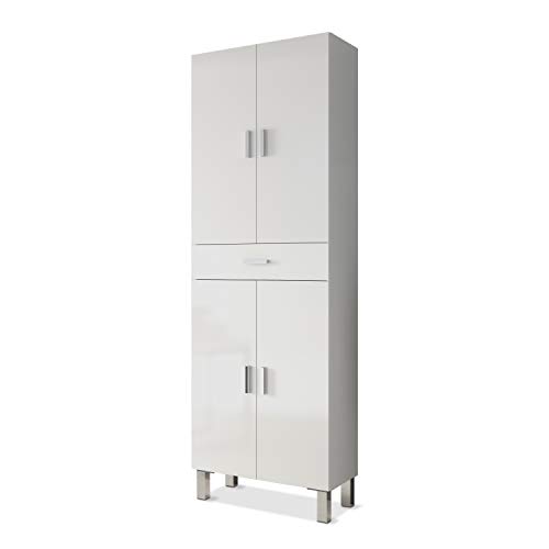 Columna de baño, mueble de lavabo, 4 puertas y 1 cajón, Modelo Aruba, Acabado en Blanco Brillo, Medidas: 60 cm (Ancho) x 182 cm (Alto) X 29 cm (Fondo)