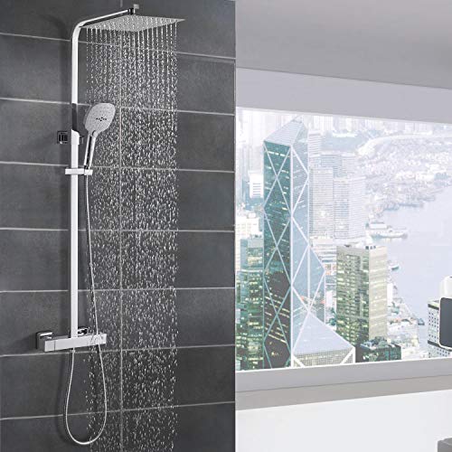 Columna de Ducha Termostatica WOOHSE Conjunto de Ducha con Termostato Sistema de Ducha con Ducha de Lluvia Cuadrada y 3 Tipos Ducha de Mano Set de Ducha Barra Ajustable 82,3 - 122,5 cm para Baño