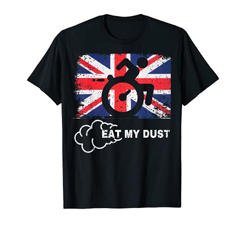 Comer mi polvo divertido bandera británica paralímpica silla de ruedas corredor Camiseta