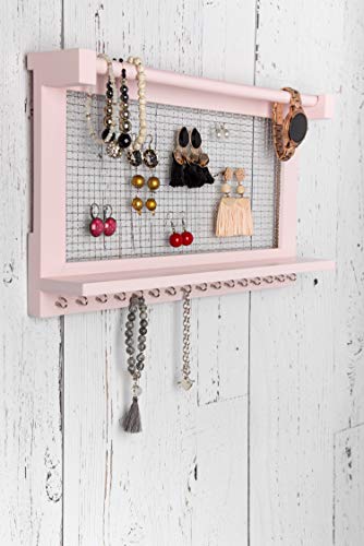 Comfify Organizador de joyería rústica Joyero de Pared con Pulsera de pie, Estante y 16 Ganchos extraíbles - Pendientes, Collares y Pulseras Expositor de Joyas Vintage - Rosa