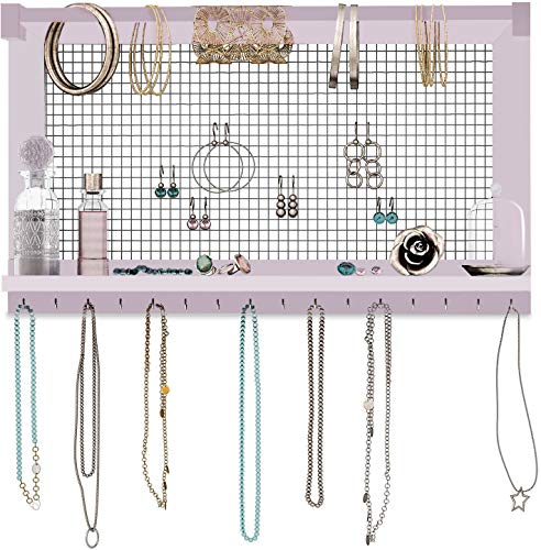 Comfify Organizador de joyería rústica Joyero de Pared con Pulsera de pie, Estante y 16 Ganchos extraíbles - Pendientes, Collares y Pulseras Expositor de Joyas Vintage - Rosa