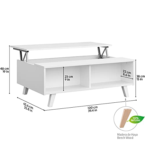 COMIFORT Mesa Centro Elevable - Mesa Salón Multifuncional con Gran Almacenaje, Moderna, Muy Resistente, Color Blanco, Patas de Haya 100% Natural