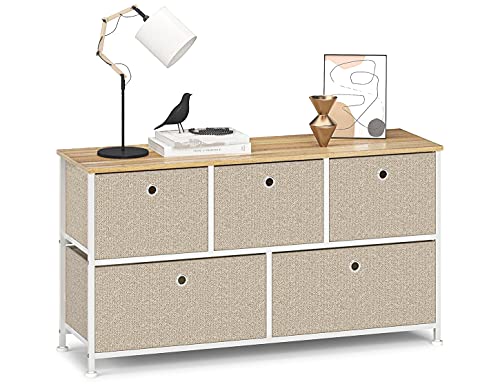 Cómoda Cajonera con 5 cajón Almacenaje Armario Tela Mesa Auxiliar Comodas Cajones Gabinete Armario Multiusos para Trastero Salon Dormitorio Cocina Pasillo Aparador Baja Madera+Metal Blanco+Beige